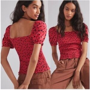 Dolan Anthropologie Smocked Puff Sleeve Red Black Top S polka dots H